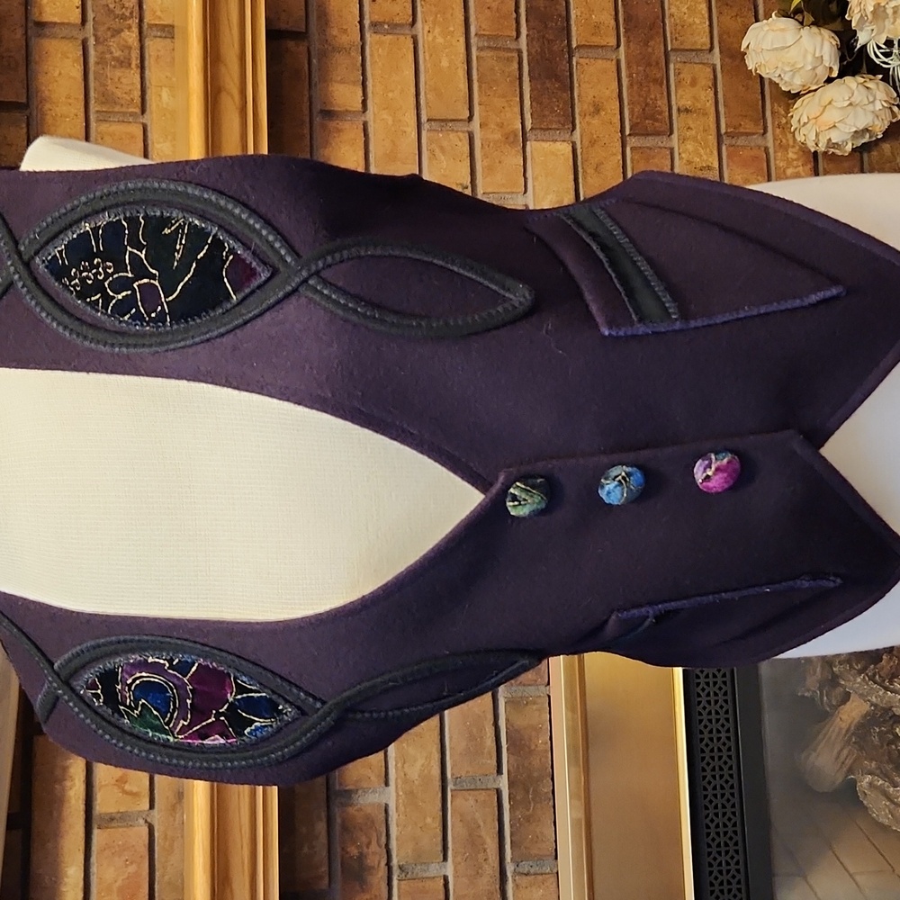 Coloratura Vintage Purple Black Wool Vest Size Small Velvet Embroidery
